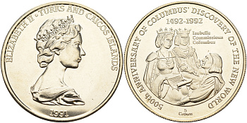 Теркс и Кайкос 5 крон 1991 500 лет открытия Америки, Колумб и королева Изабелла KM 75 медно-никель  UNC 11-236-45