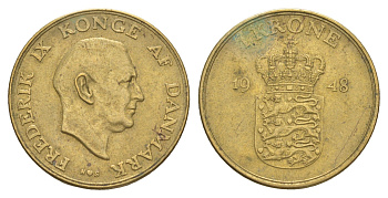 Дания 1 крона 1948 N, Фредерик IX (1947-1972) KM 837 алюминиевая бронза 4638-716