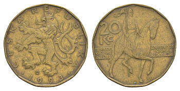 Чехия 20 крон 1993 чешский лев, герцог Вацлав на коне KM 5 сталь плакированная латунью 4529-726