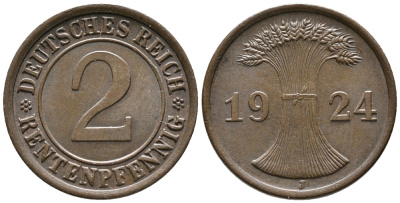 ГЕРМАНИЯ 2 РЕНТЕНПФЕННИГА 1924 J KM 31, J. 307 бронза 24-534