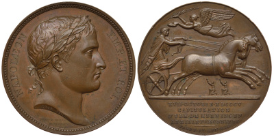 Франция медаль 1806 Наполеон I Бонапарт, капитуляция Ульма и Меммингена, колесница, ангел, 36,19 гр., диаметр 40,5 мм. Bramsen 433. Slg. Julius 1414 бронза 10-011-34