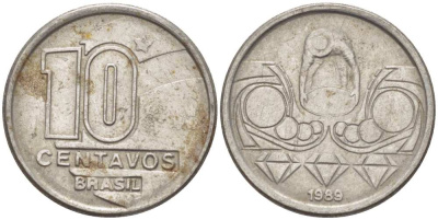 Бразилия 10 сентаво 1989 золотодобыча KM 613 нержавеющая сталь 105-1234