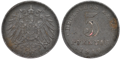 ГЕРМАНИЯ 5 ПФЕННИГОВ 1919 A KM 19, J. 297 железо 45-1159