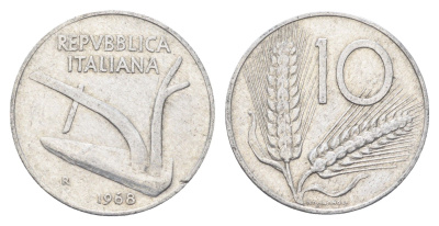 Италия 10 лир 1968 R, плуг, колосья KM 93 алюминий 4704-537