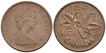 Канада 1 цент 1974 Елизавета II (1952-2022), кленовый лист KM 59.1 бронза 4609-139