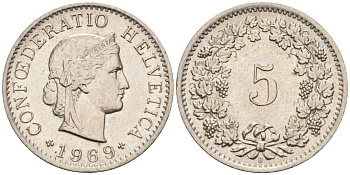 Швейцария 5 раппенов 1969 В KM 26 медно-никель 4594-622