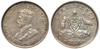 Австралия 3 пенса 1934 m, Георг V (1910-1936), герб Австралии KM 24 серебро 71-128