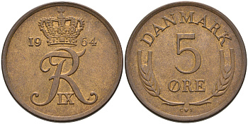 ДАНИЯ 5 ЭРЕ 1964 C; S, ФРЕДЕРИК IX (1947-1972) KM 848.1 бронза 4566-514
