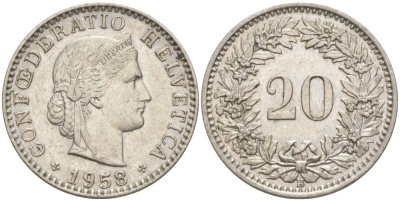 ШВЕЙЦАРИЯ 20 РАППЕНОВ 1958 В KM 29a медно-никель 55-743
