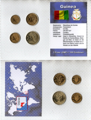 Гвинея набор из 4 монет (1, 5, 10 и 25 франков) 1985 и 1987 в красочной упаковке с информацией о стране KM 52, 53, 56 и 60 UNC 3-4-1-30