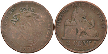 Бельгия 2 сантима 1875 Belges KM 35.1 медь 4595-217