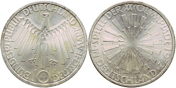 ФРГ 10 МАРОК 1972 J, ОЛИМПИАДА, СПИРАЛЬ J 401b, KM 134.1 серебро aUNC 1522-343