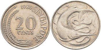Сингапур 20 центов 1980 голубой марлин, тунец KM 4 медно-никель 219-1031