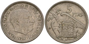 Испания 5 песет 1957 (74) Франсиско Франко (1939-1975) KM 786 медно-никель 186-817
