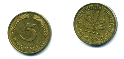 ФРГ 5 ПФЕННИГОВ 1982 J KM 107, J. 382 сталь плакированная латунью 46-2133