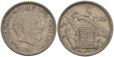 Испания 5 песет 1957 (74) Франсиско Франко (1939-1975) KM 786 медно-никель 186-817