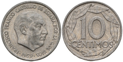 Испания 10 сентимо 1959 Франсиско Франко (1939-1975) KM 790 алюминий 4189-715