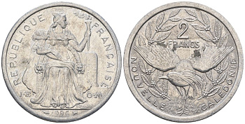 Французская Новая Каледония 2 франка 1996 птица кагу, (IEOM) KM 14, Schoen 11, Lec 68a алюминий    23-1044
