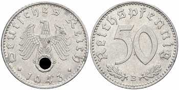 Германия 50 рейхспфеннигов 1943 B цена по каталогу МТ 44 евро J. 372, KM 96 алюминий UNC 1522-242