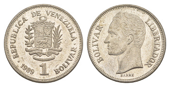 Венесуэла 1 боливар 1989 Симон Боливар, тонкий шрифт Y 52a.1 сталь плакированная никелем 4589-544