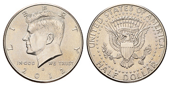 США 1/2 доллара (50 центов) 2012 D, Джон Кеннеди KM A202b медь плакированная медно-никелем UNC 08-445