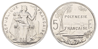 Французская Полинезия 5 франков 1991 KM 12 алюминий UNC 4634-741