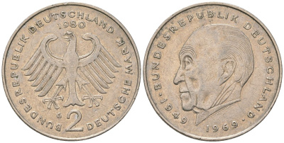 ФРГ 2 марки 1980 G, Конрад Аденауэр, 20 лет Федеративной Республике KM 124 медно-никель 4565-545