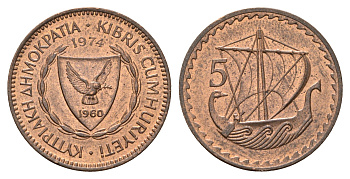 Кипр 5 милей 1974 KM 39 бронза UNC 54-1353