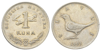 Хорватия 1 куна 1993 западный соловей, легенда на хорватском KM 9.1 медь цинк никель 4625-522