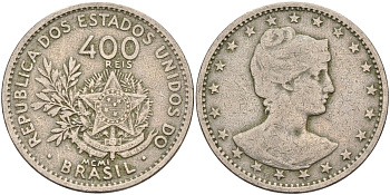 Бразилия 400 рейс 1901 голова свободы вправо KM 505 медно-никель 4367-221