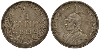 Немецкая Восточная Африка (Танзания) 1/4 рупии 1913 J, Ost-Africa, Вильгельм II Jaeger 720, KM 8 серебро 5010-623
