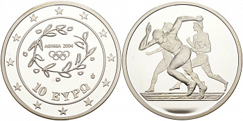 Греция 10 евро 2003 XXVIII летние Олимпийские игры 2004 года в Афинах, легкая атлетика, бег KM 190 серебро PROOF 02-056-15