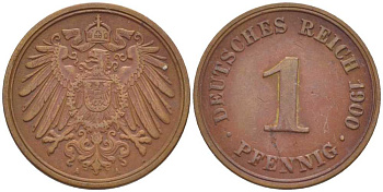 ГЕРМАНИЯ 1 ПФЕННИГ 1900 A KM 10, J. 10, Weege 2 медь 211-242