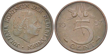 Нидерланды 5 центов 1957 Юлиана (1948-1980) KM 181 бронза 213-1031
