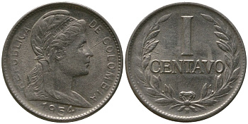 Колумбия 1 сентаво 1954 B KM 275a, Schon 12a, Hernandez 331, Restrepo 349 сталь плакированная никелем 4576-1219
