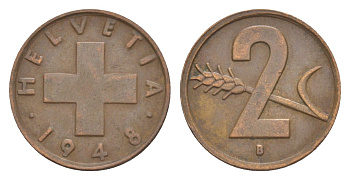 Швейцария 2 раппена 1948 B KM 47 бронза 4630-627