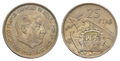 Испания 25 песет 1957 (67) Франсиско Франко (1939-1975) KM 787 медно-никель 4671-1031