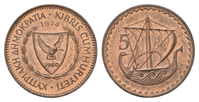 Кипр 5 милей 1974 KM 39 бронза UNC 54-1353