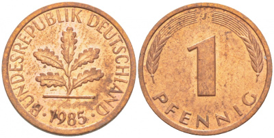 ФРГ 1 ПФЕННИГ 1985 J KM 105, J.380 сталь плакированная медью 4396-1536