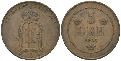 Швеция 5 эре 1905 Оскар II (1872-1907) KM 757 бронза 4171-756