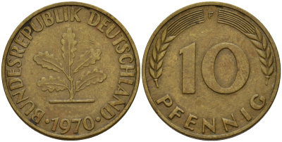 ФРГ 10 пфеннигов 1970 F J. 383, KM 108 сталь плакированная латунью    4603-345