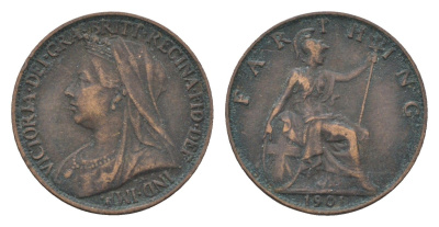 Великобритания 1 фартинг 1901 Виктория (1837-1901) KM 788.2, Spink 3964 бронза 4664-241