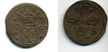 Швеция 1/4 эре 1635 Кристина (1632-1654), была в обращении на территории России KM 152.2 медь 53-1216