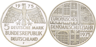 ФРГ 5 марок 1975 F, Европейский год охраны памятников J. 417, KM 142.1 серебро 413-1343