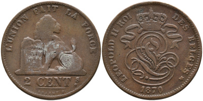 БЕЛЬГИЯ 2 САНТИМА 1870 BELGES KM 35.1 медь 95-721