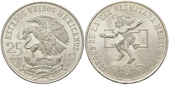 Мексика 25 песо 1968 Летние Олимпийские игры 1968, Мехико KM 479 серебро UNC 4368-313