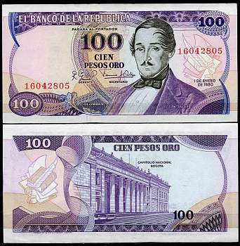 Колумбия 100 песо 1980 генерал Франсиско де Паула Сантандер, герой освободительной войны, без букв Pick 418 b  бумага  UNC (пресс) 7202-34-2