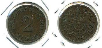 ГЕРМАНИЯ 2 ПФЕННИГА 1911 J KM 16, J.11 медь 701-525
