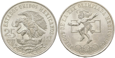 Мексика 25 песо 1968 Летние Олимпийские игры 1968, Мехико KM 479 серебро UNC 4368-313