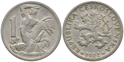 Чехословакия 1 крона 1922 женщина со снопом и серпом KM 4 медно-никель 24-1136